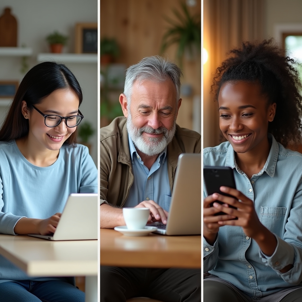 Persoane diverse care urmăresc un curs online pe dispozitive diferite